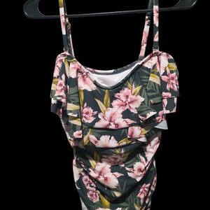 Kona Sol White One-Piece Swimsuit with Pink & Green Floral Accent